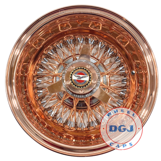 Lowrider Wire Wheels DGJ Wheel Caps 13x7 Zenith Style Rev 72 Cross Lace Rose Gold & Chrome Lowrider Wire Wheel Rims