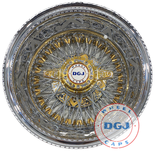 Lowrider Wire Wheels DGJ Wheel Caps DGJ Engraved 13x7 Rev 72 Cross Lace Diamond Spokes Lowrider Wire Wheel Rims