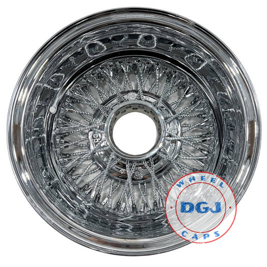 Lowrider Wire Wheels DGJ Wheel Caps DGJ 13x7 Rev 72 Cross Lace Diamond Spokes All Chrome Lowrider Wire Wheels