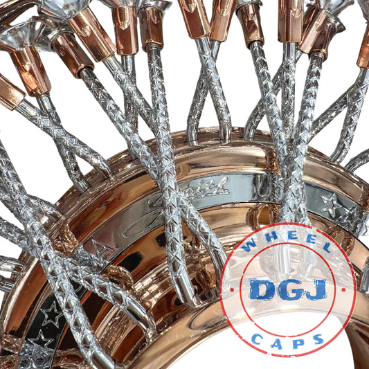 Lowrider Wire Wheels DGJ Wheel Caps Zenith (2) 13x5.5 (2) 13x7 Rev 72 Cross Rose Gold+Dmd Spoke Lowrider Wire Wheels