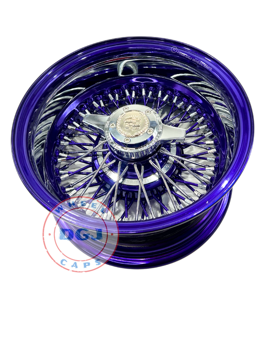 Lowrider Wire Wheels DGJ Wheel Caps Zenith Style 14's Rev 72 Cross Lace Candy Purple & Chrome Lowrider Wire Wheels