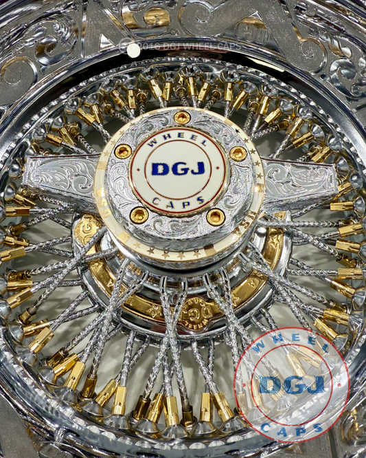 DGJ 13x7 Rev 72 Cross Lace Engraved + Gold Nip+Hub Ring Wire Wheel Rims