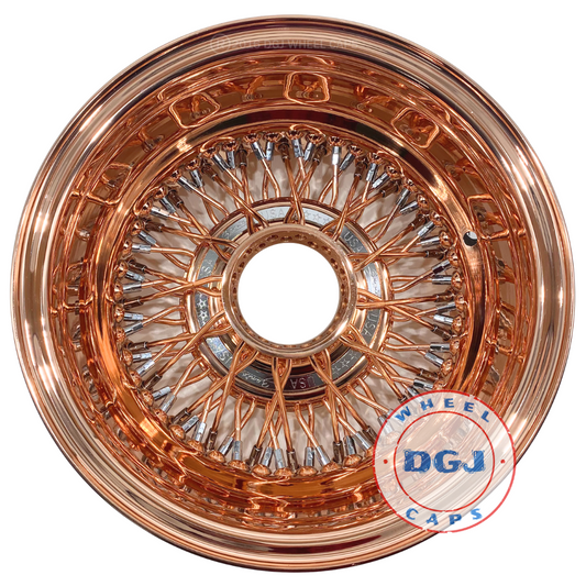 Lowrider Wire Wheels DGJ Wheel Caps 13x7 Zenith Style Rev 72 Cross Lace Rose Gold & Chrome Lowrider Wire Wheel Rims