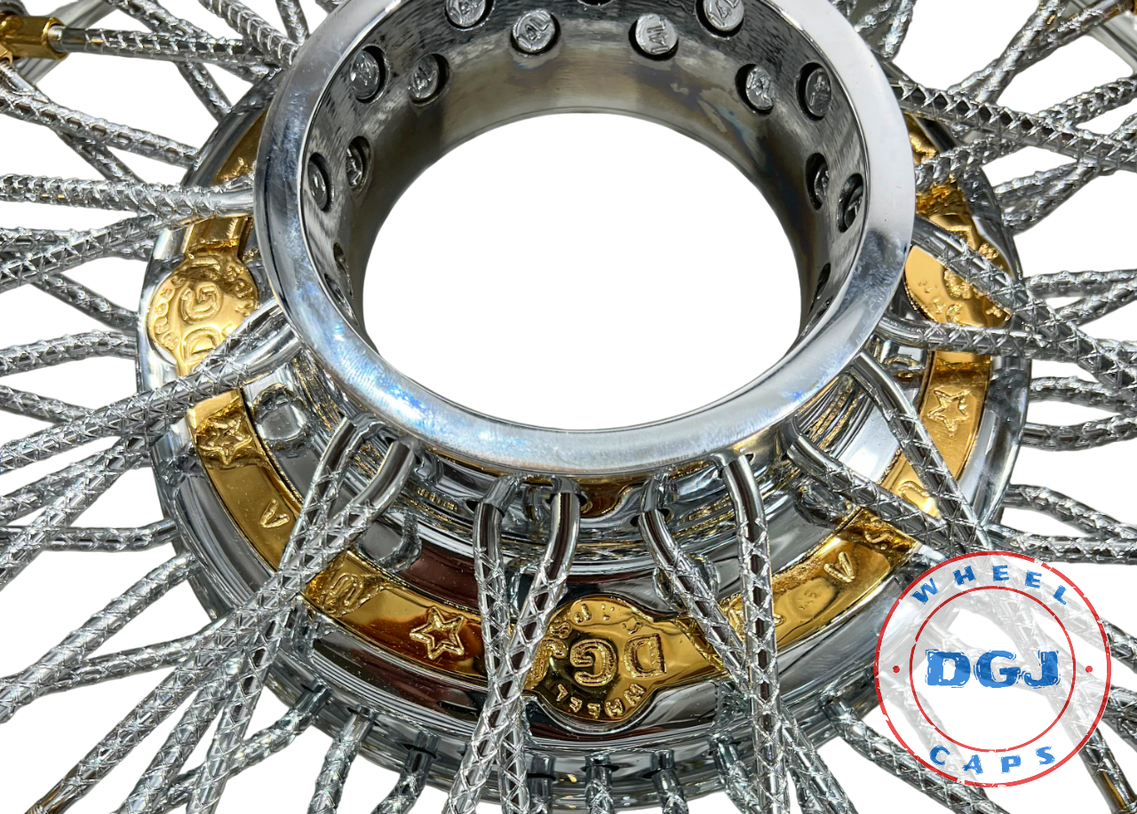 DGJ WHEELS 13x7 Rev 72 Diamond Spokes Gold Nip+Hub Ring Lowrider Wire Wheels