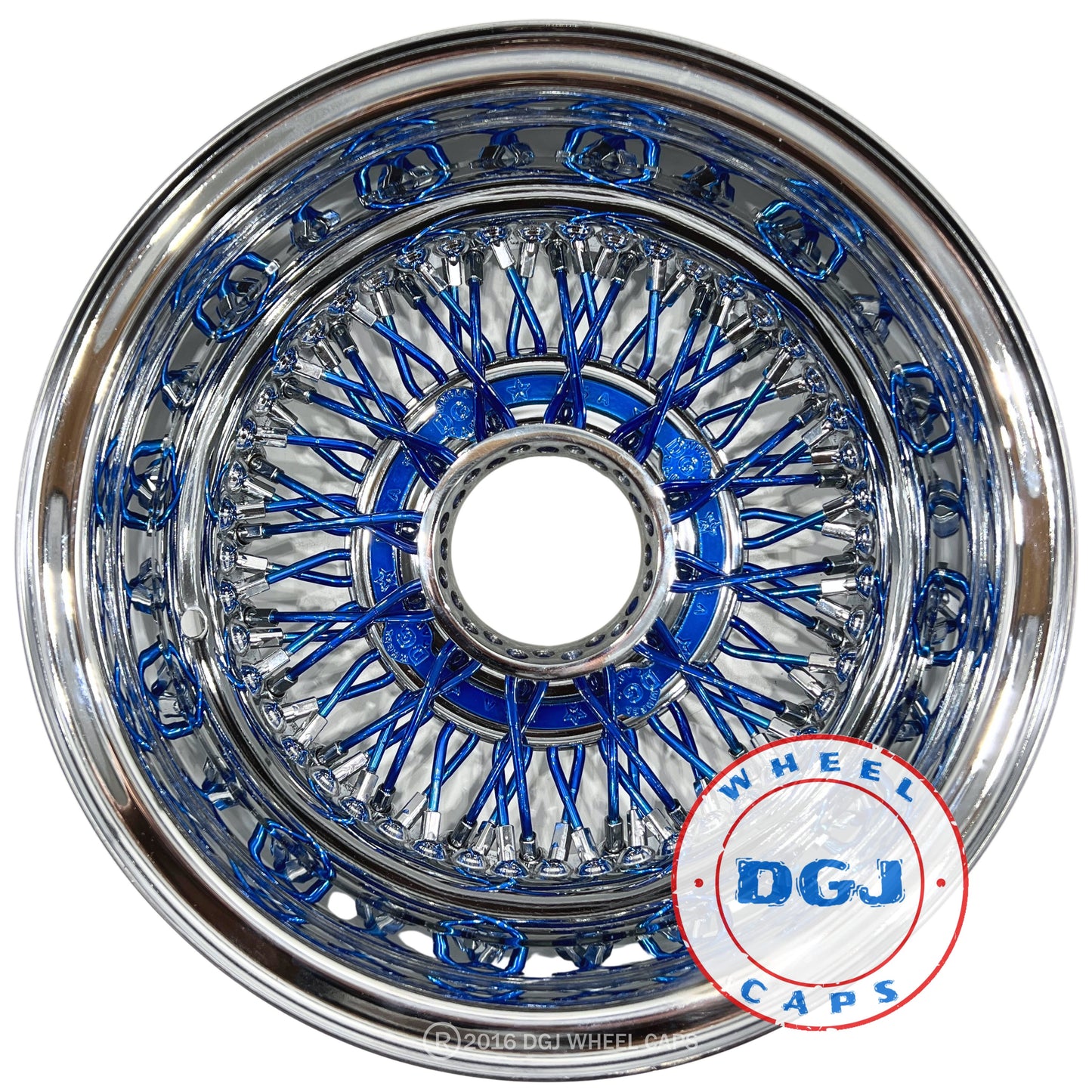 DGJ WHEEL 13x7 Rev 72 Cross Lace Blue Spokes & Hub Ring Lowrider Wire Wheel Rims