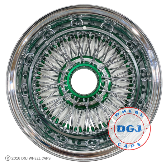 Lowrider Wire Wheels DGJ Wheel Caps DGJ WHEEL 13x7 Rev 72 Cross Lace Candy Green Nipples & Hub Lowrider Wire Wheels