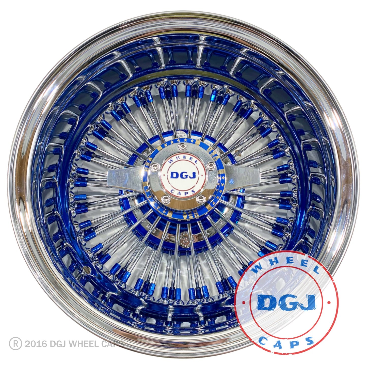 Lowrider Wire Wheels DGJ Wheel Caps DGJ 13x7 Rev 72 Straight Candy Blue Nip + Hub & Chrome Ring Lowrider Wire Wheels
