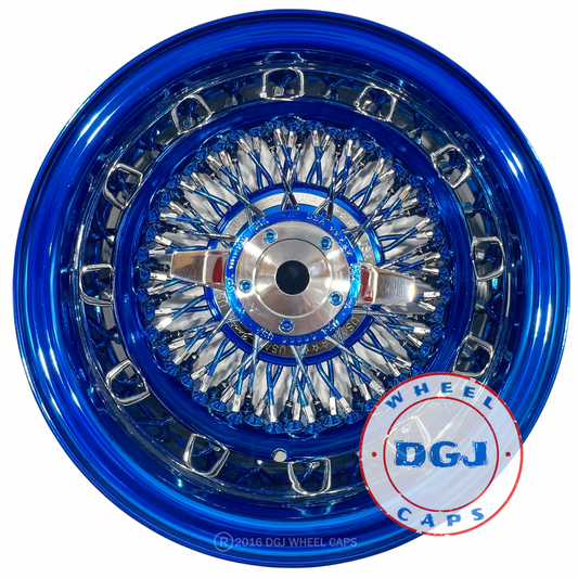 Lowrider Wire Wheels DGJ Wheel Caps Zenith Style 13x7 Rev 72 Cross Lace Candy Blue & Chrome Lowrider Wire Wheels