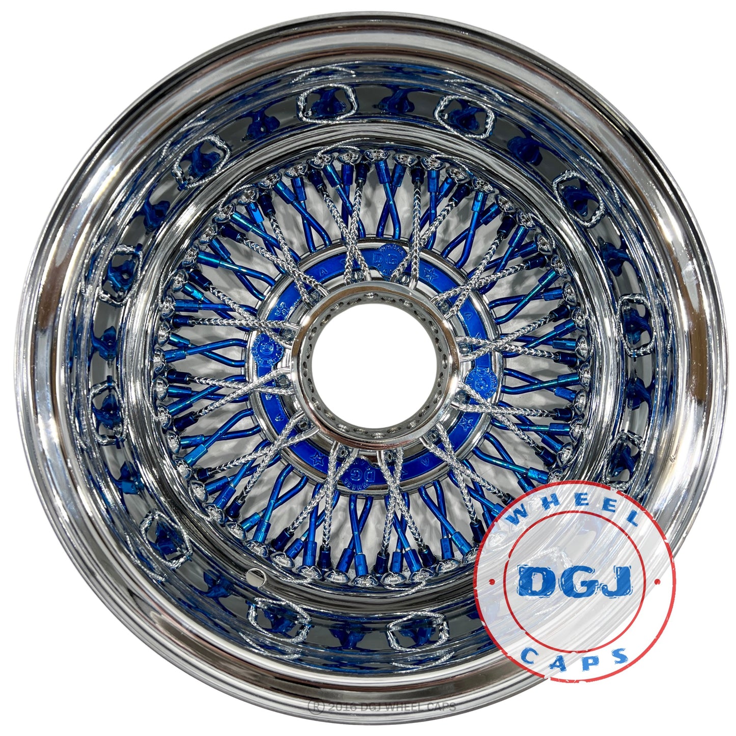 Lowrider Wire Wheels DGJ Wheel Caps DGJ 13x7 Rev 72 CL Diamond & Candy Blue Spokes, Nip & HR Lowrider Wire Wheels