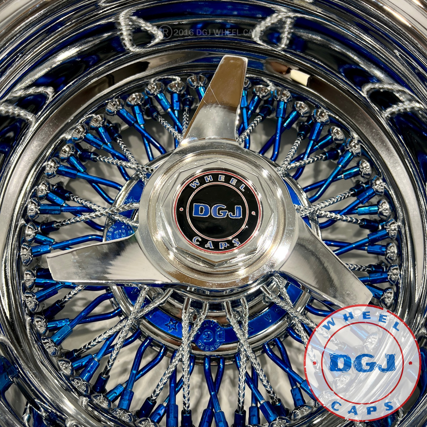 Lowrider Wire Wheels DGJ Wheel Caps DGJ 13x7 Rev 72 CL Diamond & Candy Blue Spokes, Nip & HR Lowrider Wire Wheels