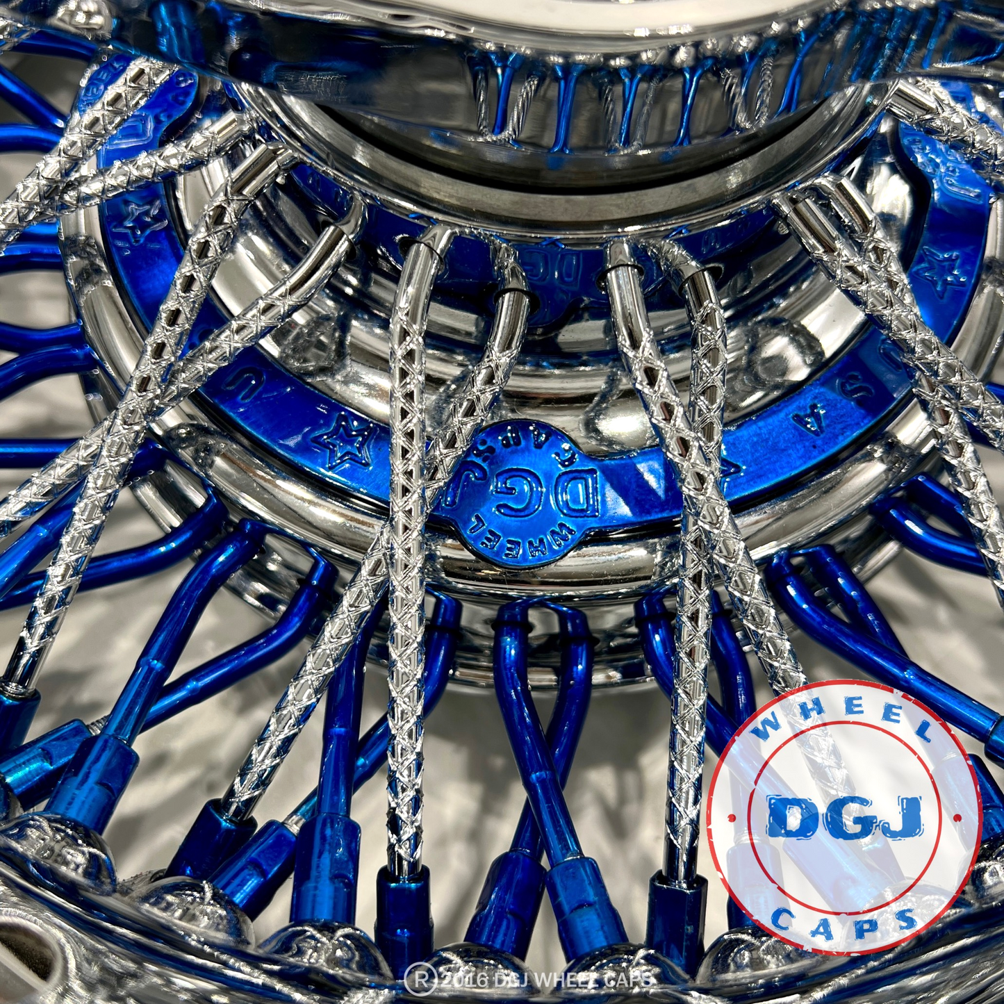 Lowrider Wire Wheels DGJ Wheel Caps DGJ 13x7 Rev 72 CL Diamond & Candy Blue Spokes, Nip & HR Lowrider Wire Wheels