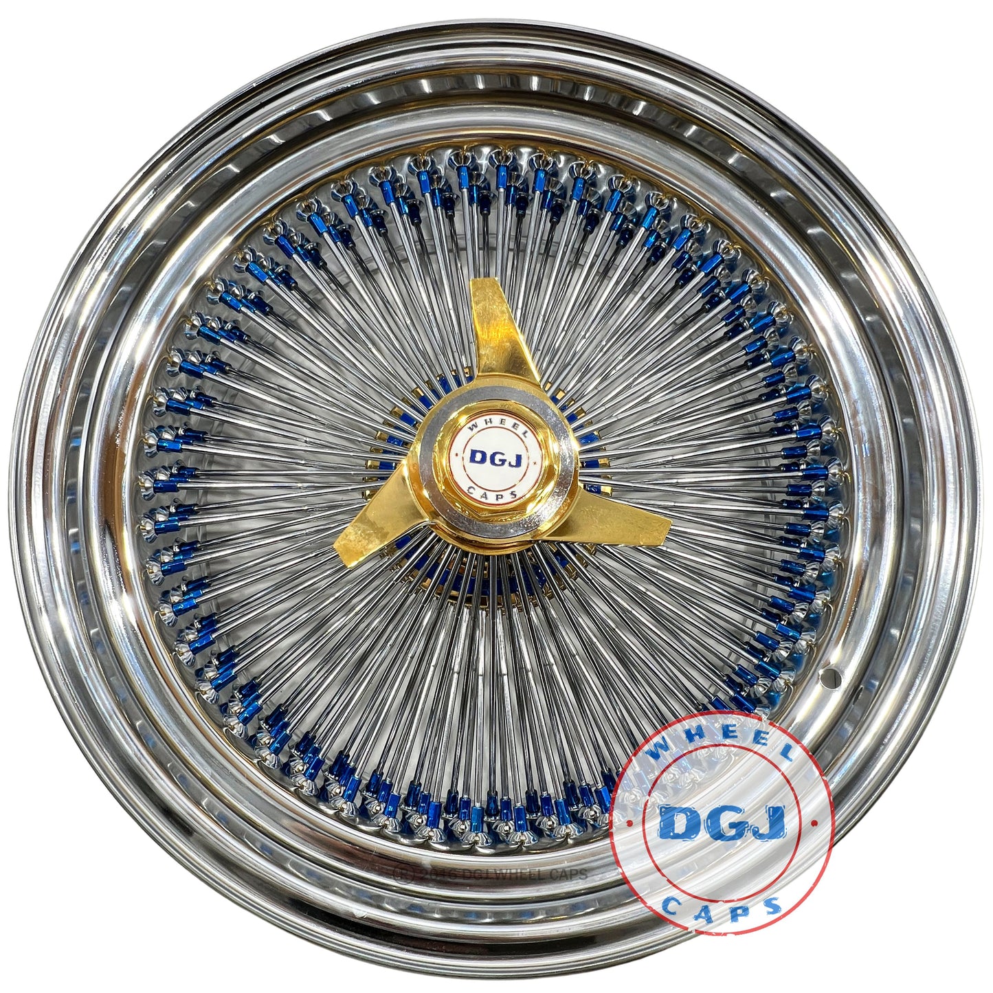 DGJ WHEELS 20x8 STD 150 Spoke Blue Nip+Hub Ring & Gold Hub Lowrider Wire Wheels