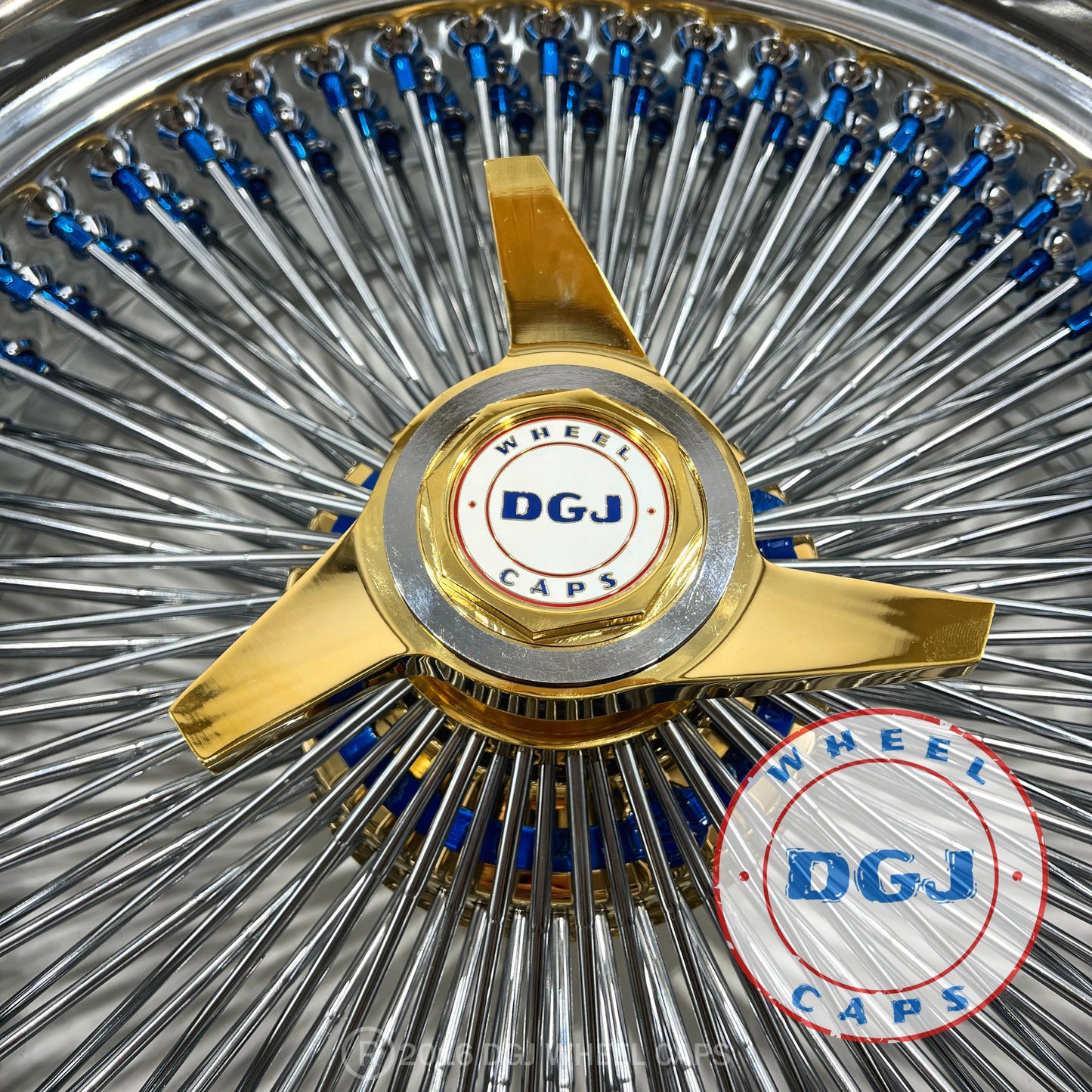DGJ WHEELS 20x8 STD 150 Spoke Blue Nip+Hub Ring & Gold Hub Lowrider Wire Wheels