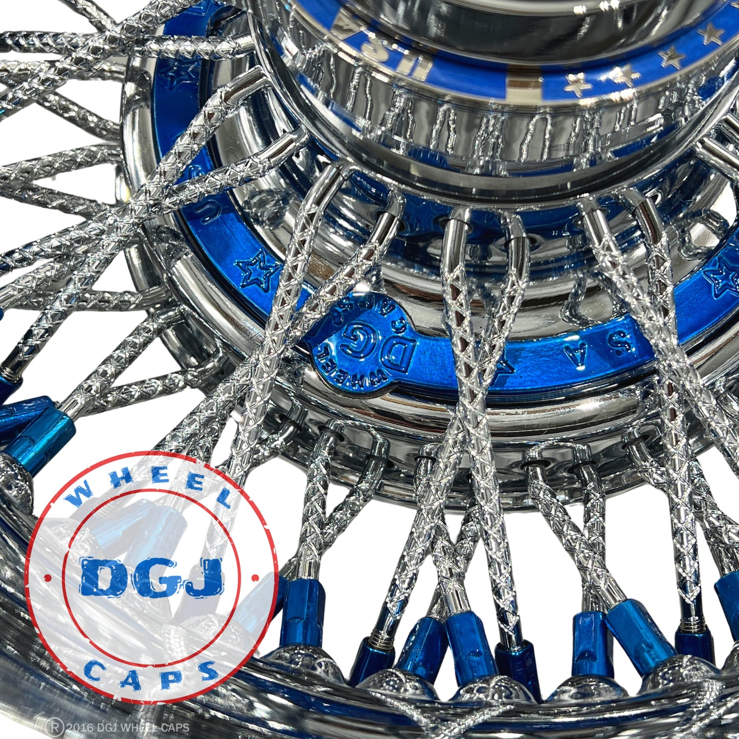 Lowrider Wire Wheels DGJ Wheel Caps DGJ WHEEL 13x7 Rev 72 CL Diamond Spokes, Blue Nip&Hub Ring Lowrider Wire Wheels