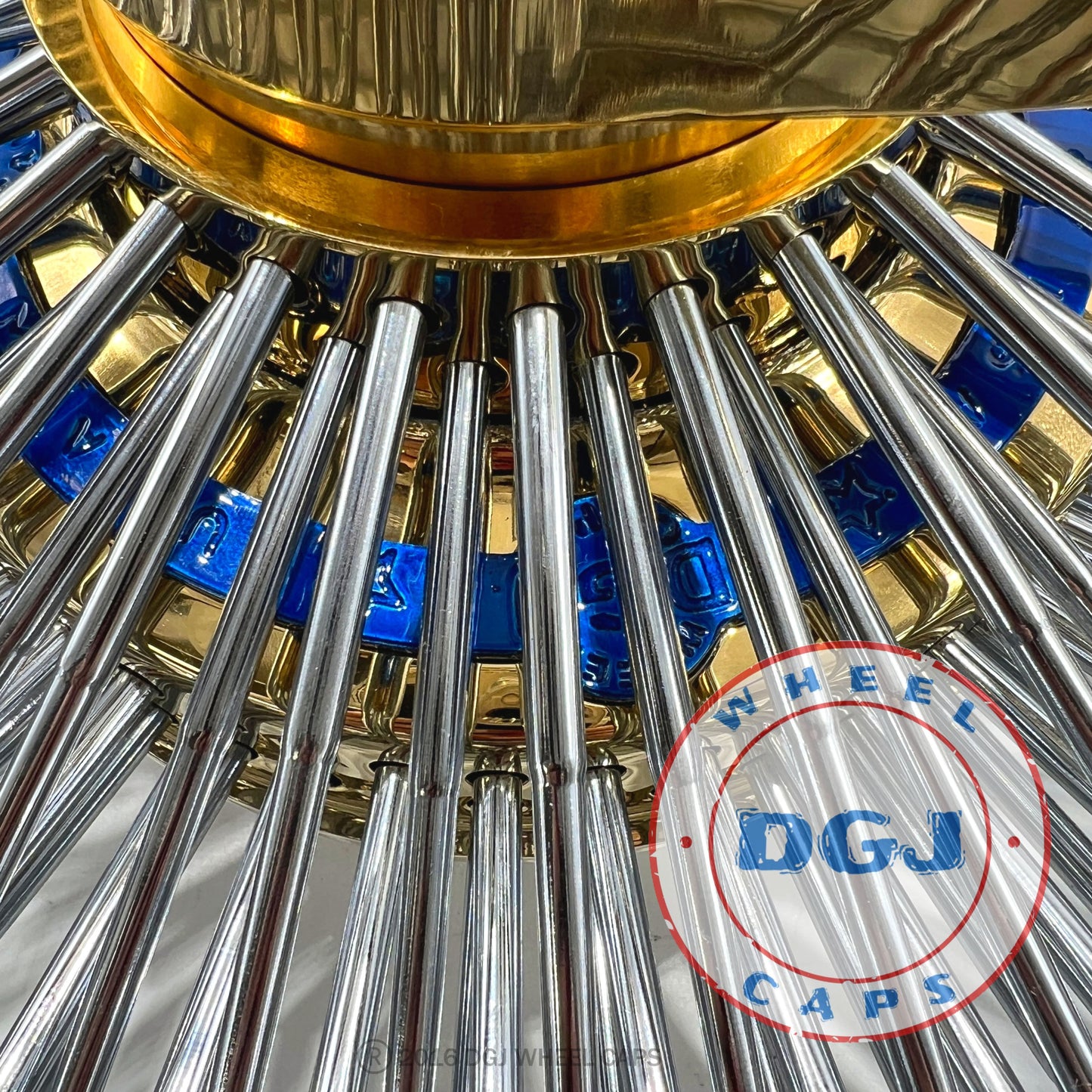 DGJ WHEELS 20x8 STD 150 Spoke Blue Nip+Hub Ring & Gold Hub Lowrider Wire Wheels