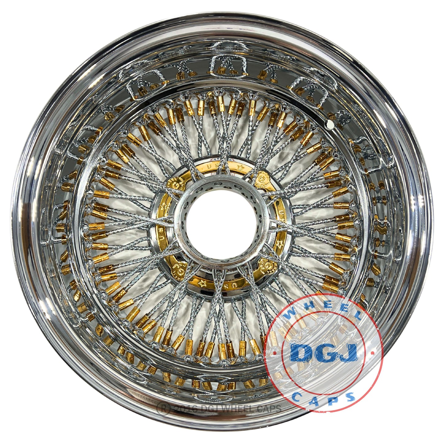 DGJ 13x7 Rev 72 Diamond Spks Gold NnHR + Engraved Knockoffs Lowrider Wire Wheels