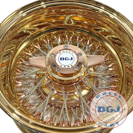 Lowrider Wire Wheels DGJ Wheel Caps Zenith 13x7 Rev 72 Dmnd Cross Lace Gold, Rose Gold & Chrome Lowrider Wire Wheels