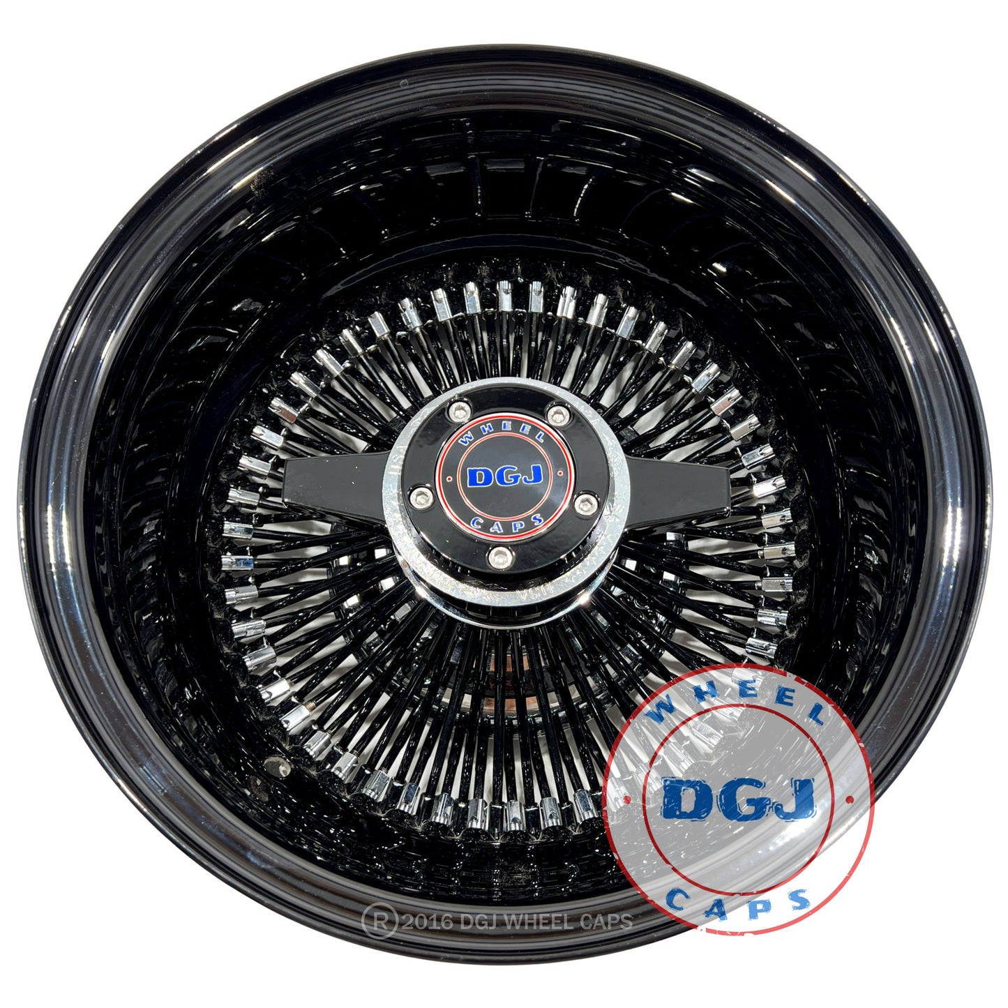Lowrider Wire Wheels DGJ Wheel Caps DGJ 13x7 Rev 100 Spoke All Black w/ Chrome Nip+Hub Lowrider Wire Wheel Rims