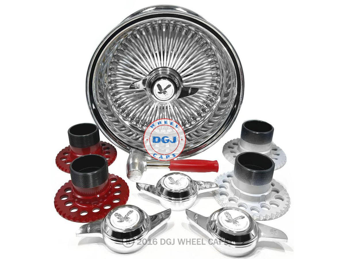 Lowrider Wire Wheels DGJ Wheel Caps 13x7 Rev 100 Spoke All Chrome with White Spokes Lowrider Wire Wheel Rims
