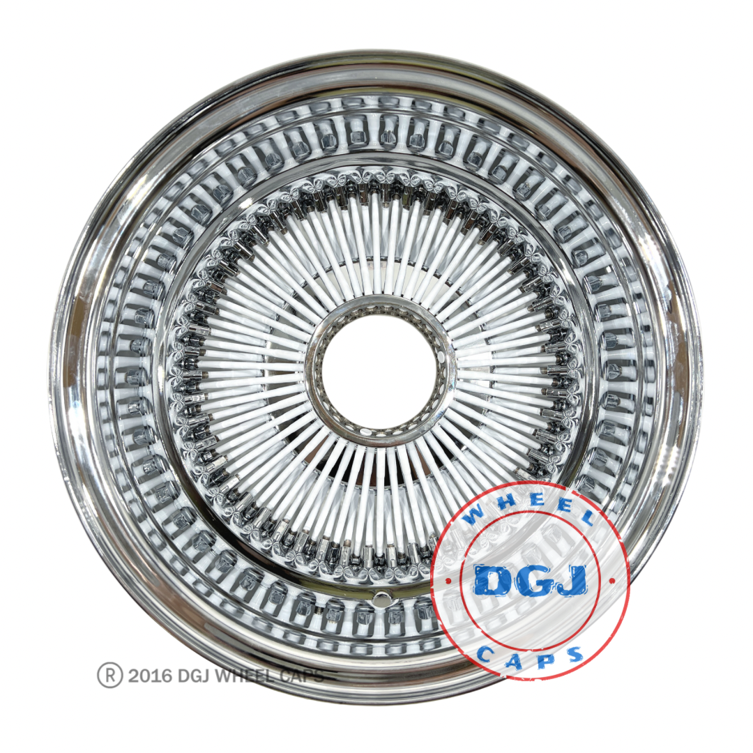Lowrider Wire Wheels DGJ Wheel Caps 13x7 Rev 100 Spoke All Chrome with White Spokes Lowrider Wire Wheel Rims