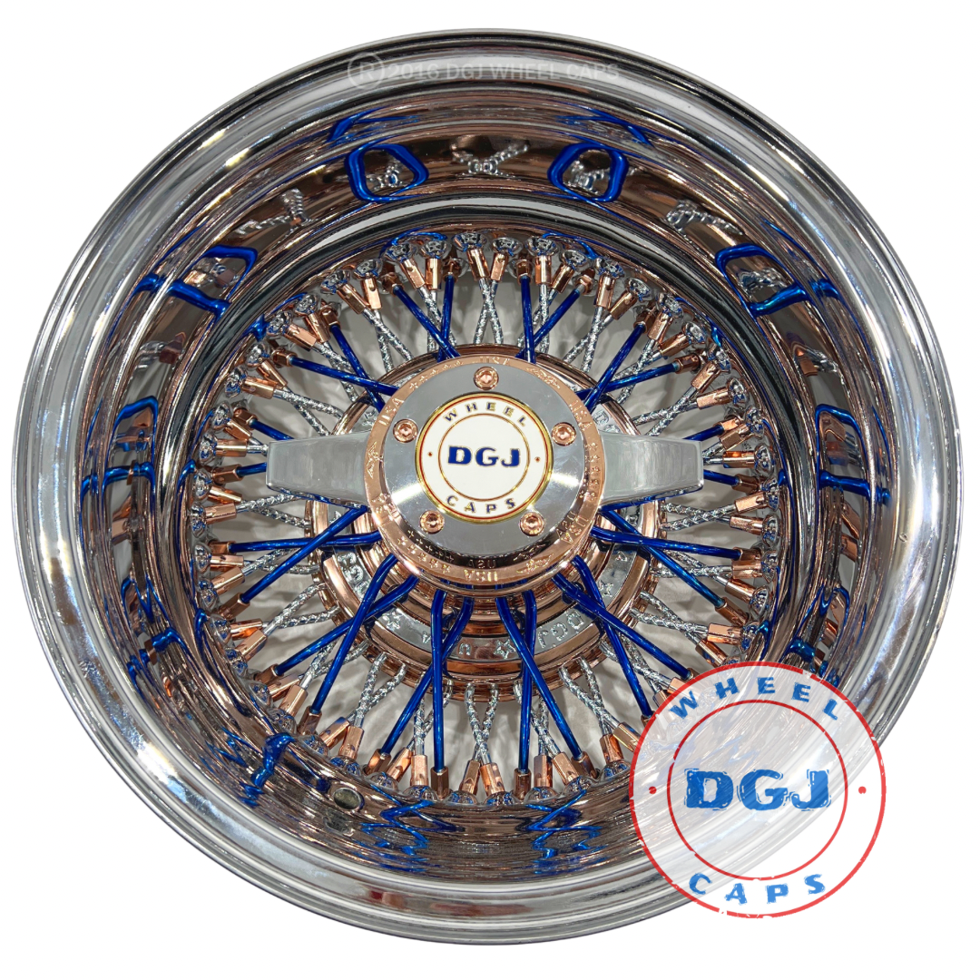 Lowrider Wire Wheels DGJ Wheel Caps DGJ 13x7 Rev 72 CL Diamond Spokes, Candy Blue & Rose Gold Lowrider Wire Wheels