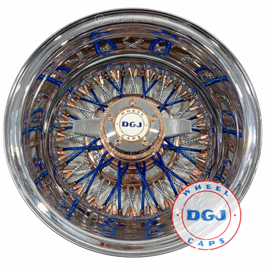 Lowrider Wire Wheels DGJ Wheel Caps DGJ 13x7 Rev 72 CL Diamond Spokes, Candy Blue & Rose Gold Lowrider Wire Wheels