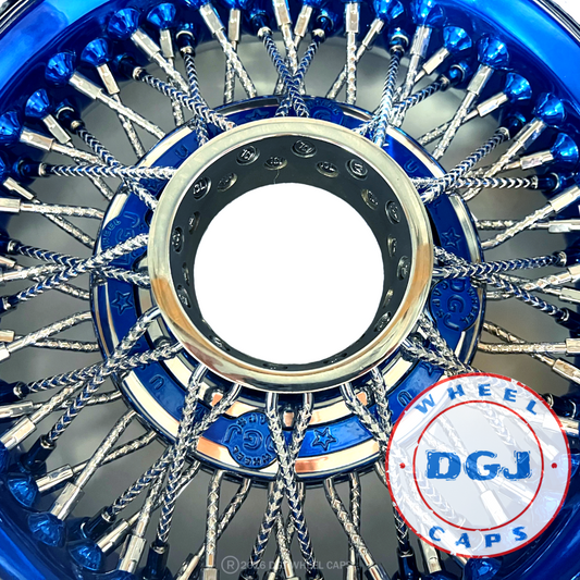 Lowrider Wire Wheels DGJ Wheel Caps DGJ 13x7 Rev 72 CL Diamond Spokes, Candy Blue Dish & Ring Lowrider Wire Wheels
