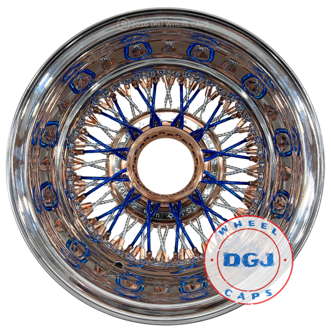 Lowrider Wire Wheels DGJ Wheel Caps DGJ 13x7 Rev 72 CL Diamond Spokes, Candy Blue & Rose Gold Lowrider Wire Wheels