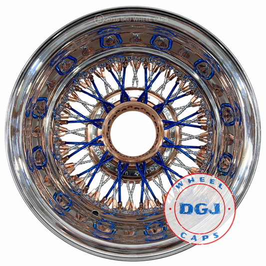 Lowrider Wire Wheels DGJ Wheel Caps DGJ 13x7 Rev 72 CL Diamond Spokes, Candy Blue & Rose Gold Lowrider Wire Wheels