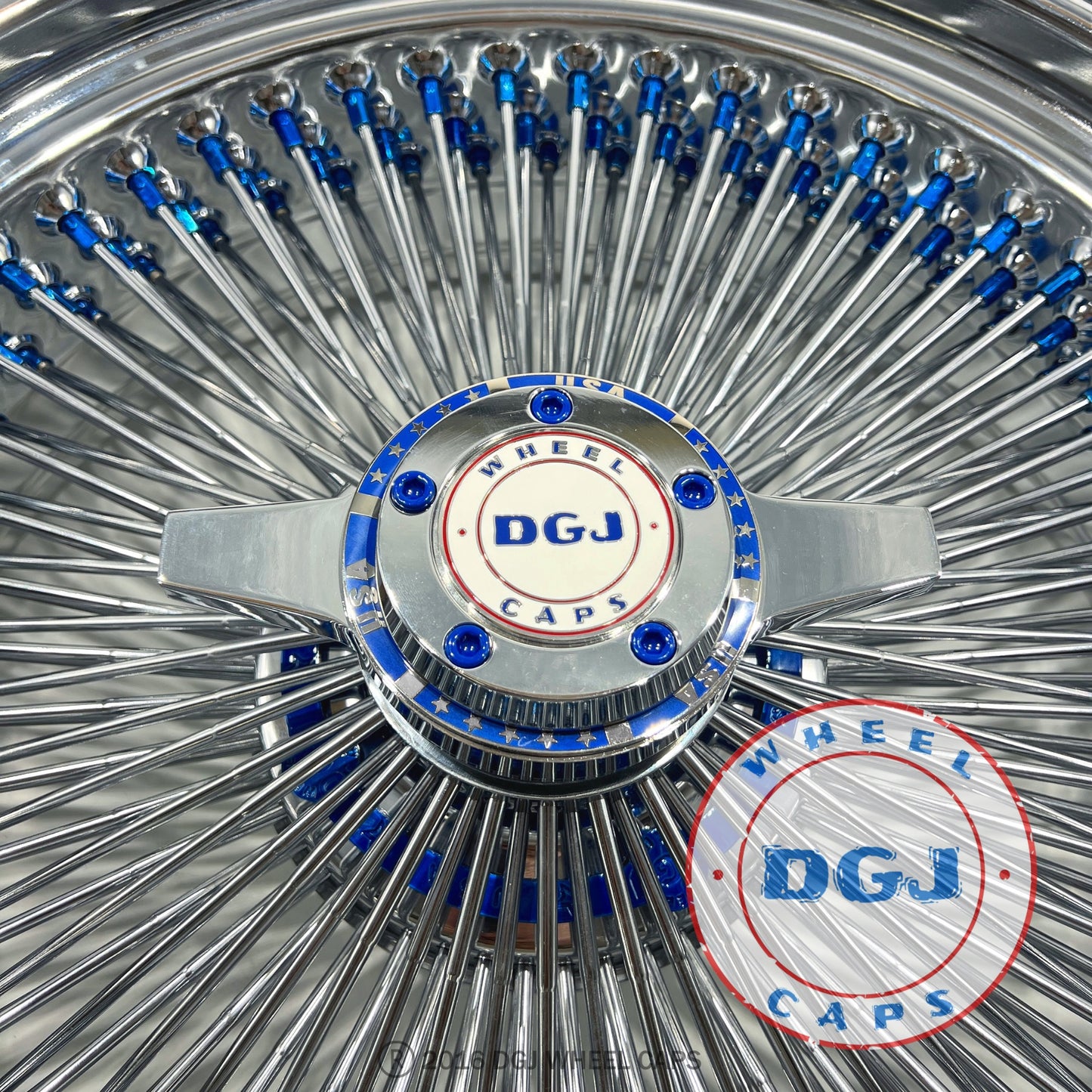 DGJ WHEELS 20x8 STD 150 Spoke Candy Blue Nip + Hub Ring Lowrider Wire Wheels