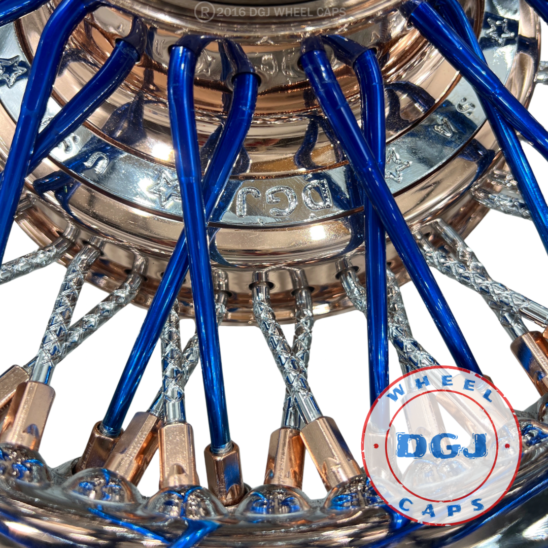 Lowrider Wire Wheels DGJ Wheel Caps DGJ 13x7 Rev 72 CL Diamond Spokes, Candy Blue & Rose Gold Lowrider Wire Wheels