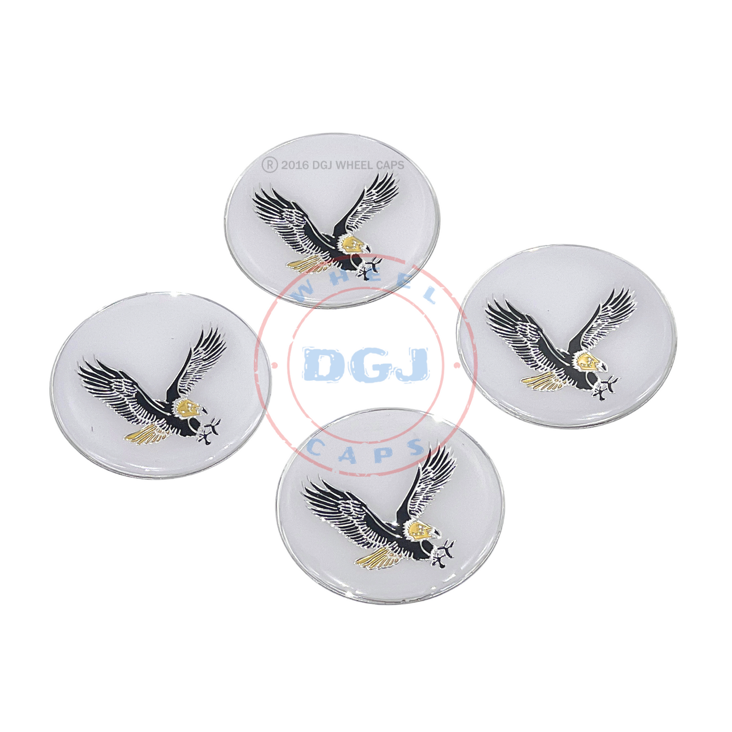 White on Chrome Plastic Eagle Lowrider Wire Wheel Chips Emblems Size 2.25