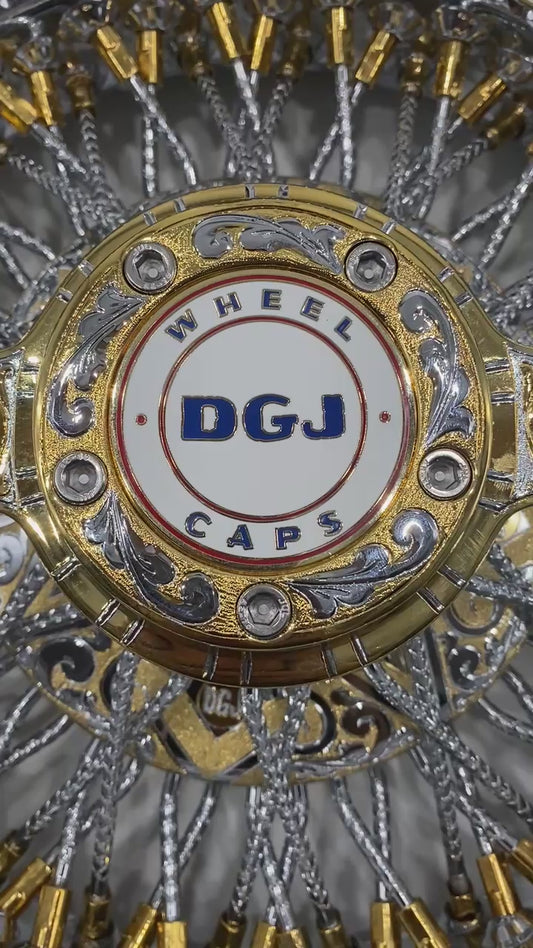 Lowrider Wire Wheels DGJ Wheel Caps DGJ Engraved 13x7 Rev 72 Cross Lace Diamond Spokes Lowrider Wire Wheel Rims