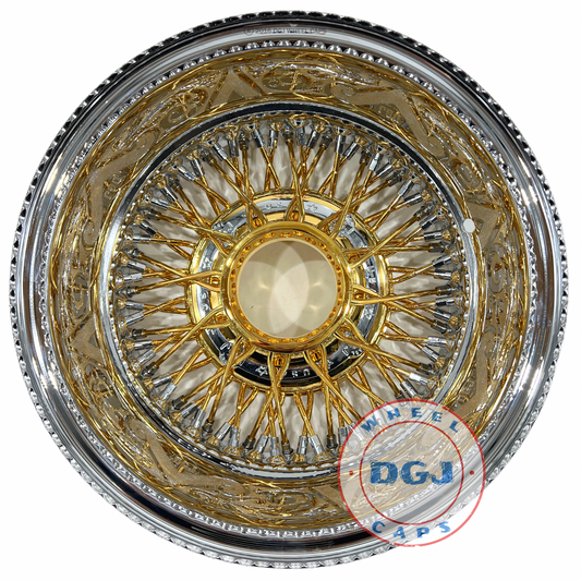 Lowrider Wire Wheels DGJ Wheel Caps DGJ Engraved 13x7 Rev 72 Cross Lace Gold & Chrome Lowrider Wire Wheel Rims