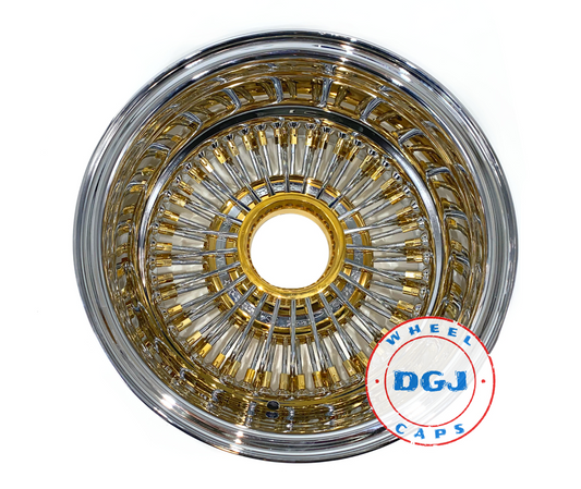 13x7 Zenith Style Lowrider Wire Wheels 72 Spokes Chrome Ring, Gold Nipples & Hub