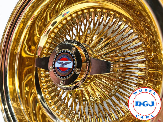 Lowrider Wire Wheels DGJ Wheel Caps 13x7 Zenith Style Rev 100 Spoke All Gold Lowrider Wire Wheel Rims