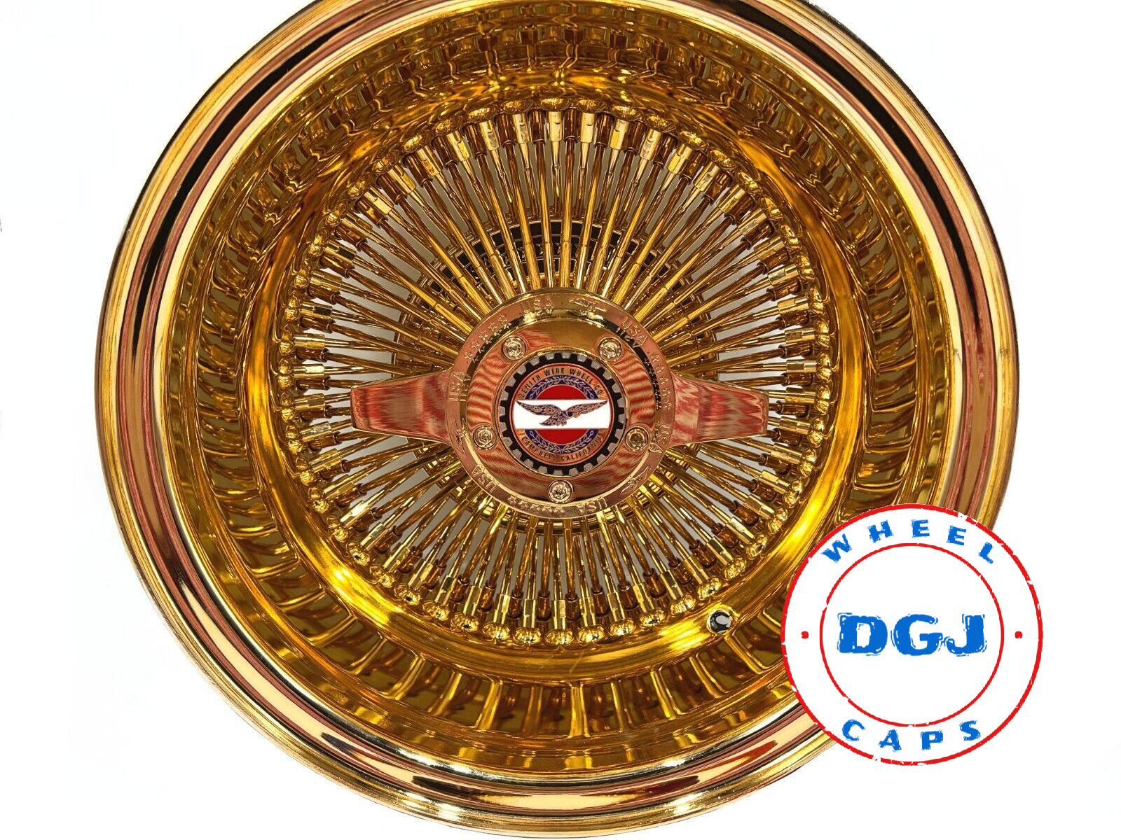 Lowrider Wire Wheels DGJ Wheel Caps 13x7 Zenith Style Rev 100 Spoke All Gold Lowrider Wire Wheel Rims