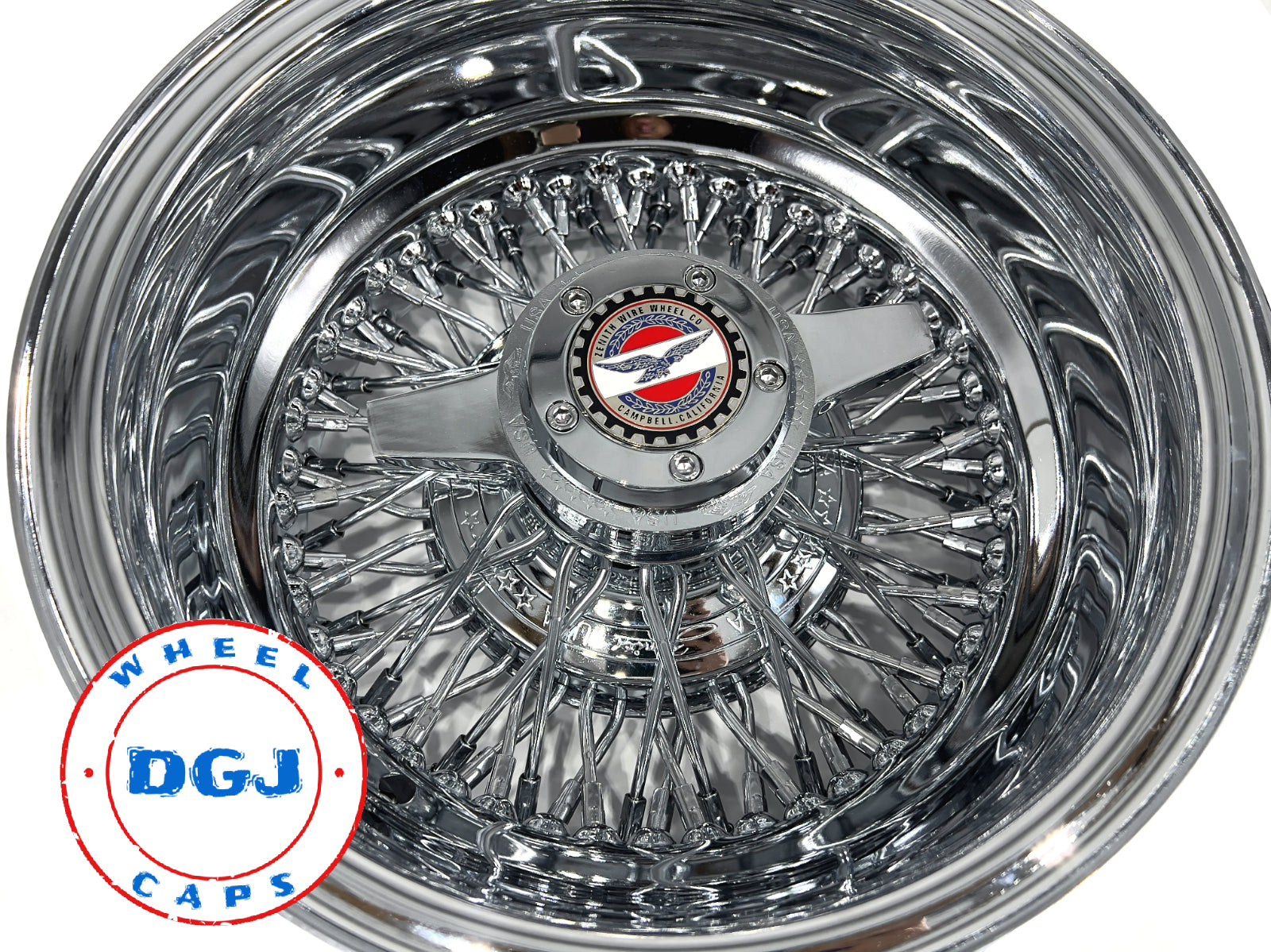Lowrider Wire Wheels DGJ Wheel Caps 13x7 Zenith Style Rev 72 Spokes Cross Lace All Chrome Lowrider Wire Wheel Rims
