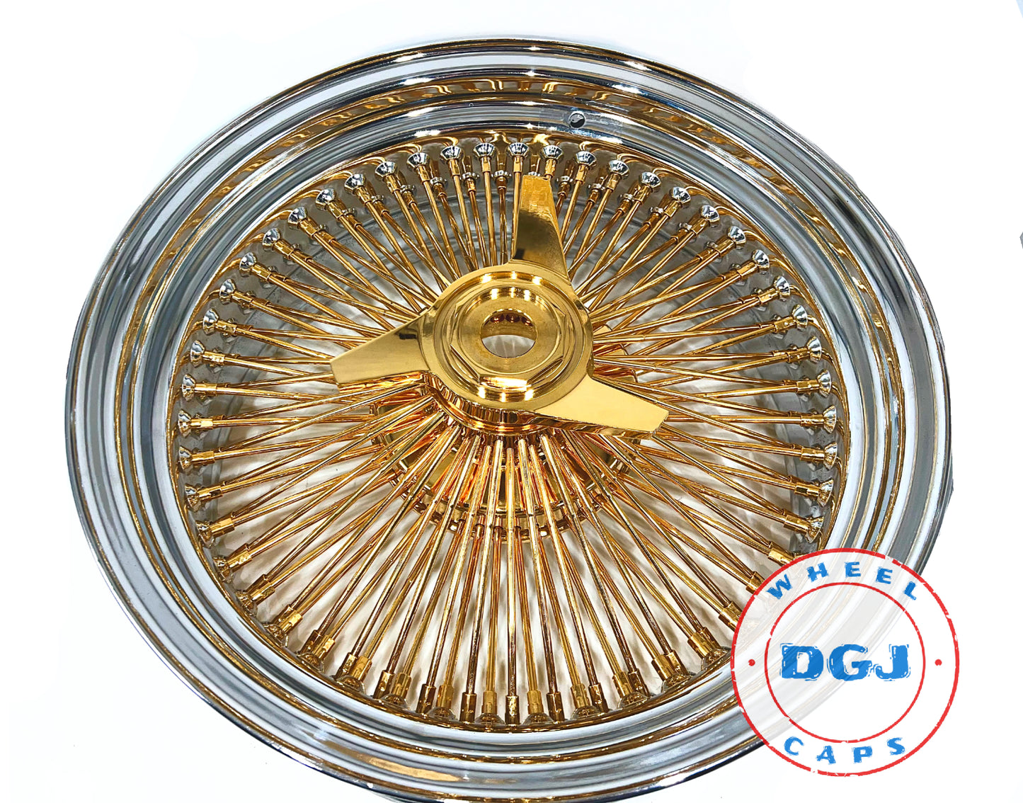 Lowrider Wire Wheels DGJ Wheel Caps 17x8 Std 100 Spokes Center USA Gold Lowrider Wire Wheel Rims w/ Gold Superswept