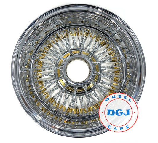 Lowrider Wire Wheels DGJ Wheel Caps Zenith Style 14x7 Rev 72 Diamond Spokes Gold Nip+Hub Ring Lowrider Wire Wheels