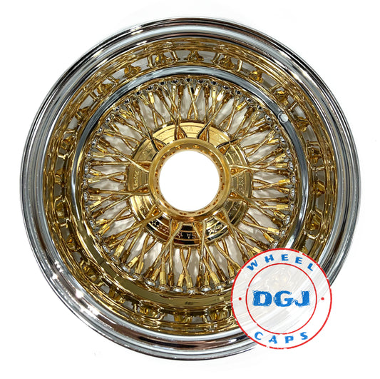 Lowrider Wire Wheels DGJ Wheel Caps 13x7 Zenith Style Rev 72 Spokes Cross Lace Center Gold Lowrider Wire Wheel Rims*