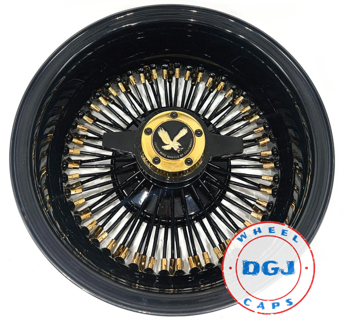Lowrider Wire Wheels DGJ Wheel Caps 14x7 Rev 72 STR Black with Gold Nipples +Zenith Locking Lowrider Rims USA Made