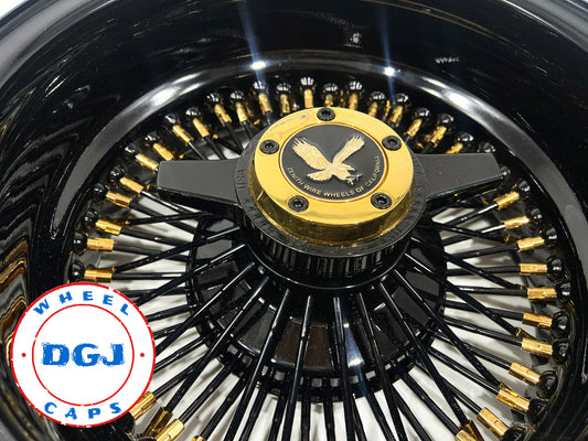 Lowrider Wire Wheels DGJ Wheel Caps 14x7 Rev 72 STR Black with Gold Nipples +Zenith Locking Lowrider Rims USA Made