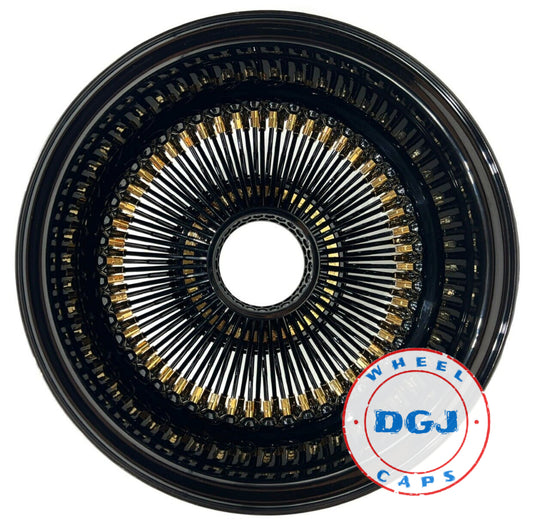 Lowrider Wire Wheels DGJ Wheel Caps Zenith Style 13x7 Rev Black & Gold Nipples + Hub Ring Lowrider Wire Wheel Rims