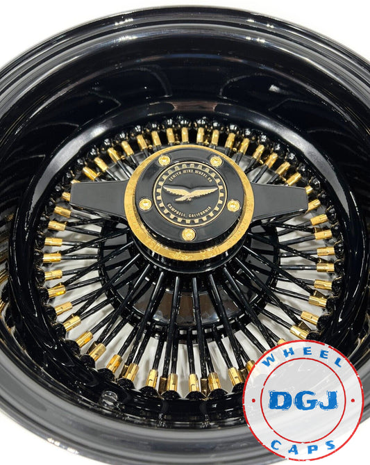 Lowrider Wire Wheels DGJ Wheel Caps 13x7 Rev 72 STR Black with Gold Nipples +Zenith Locking Lowrider Wire Wheel Rims
