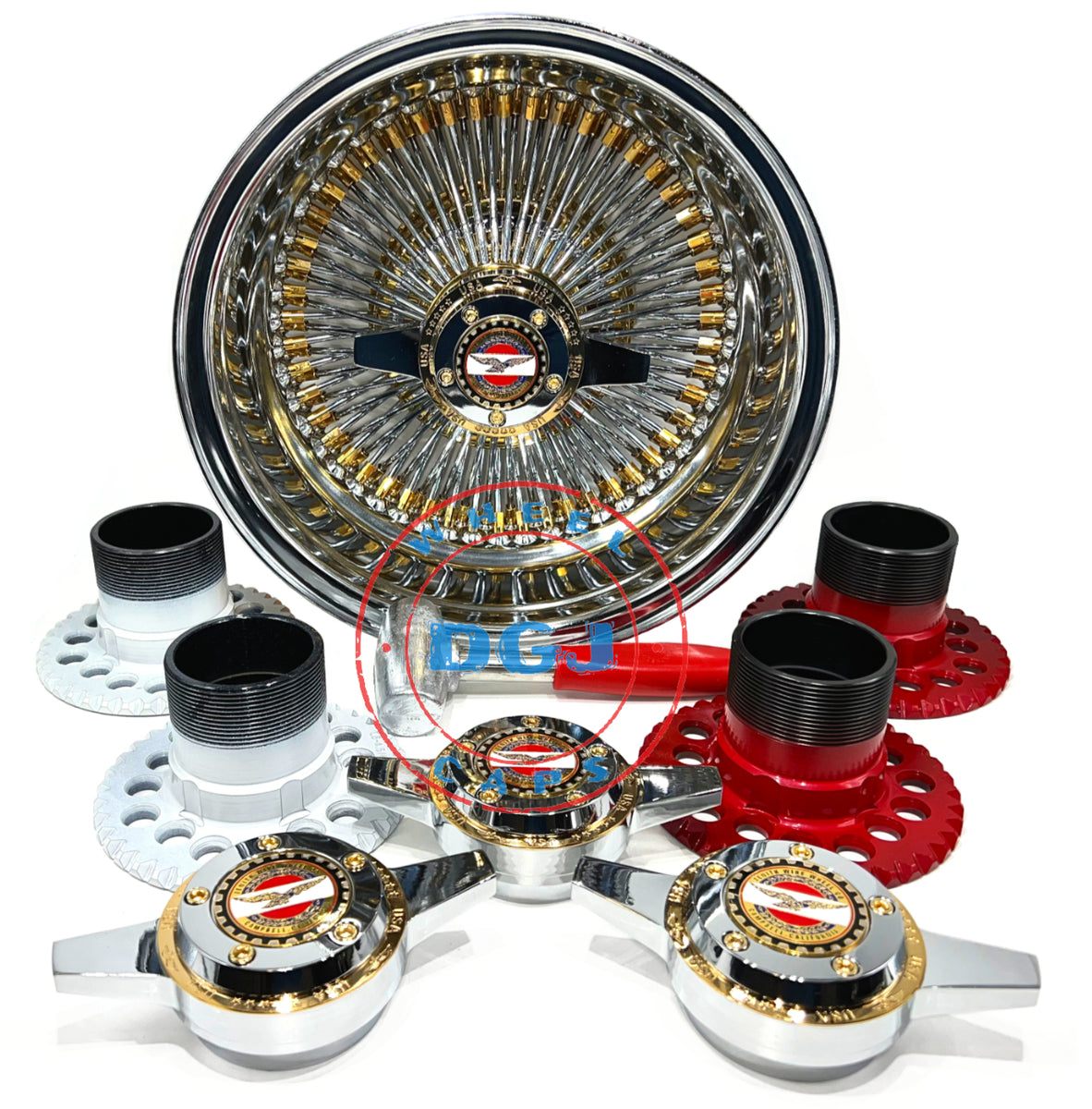 14x7 Zenith Style Lowrider Wire Wheels 100 Spoke Chrome Ring, Gold 