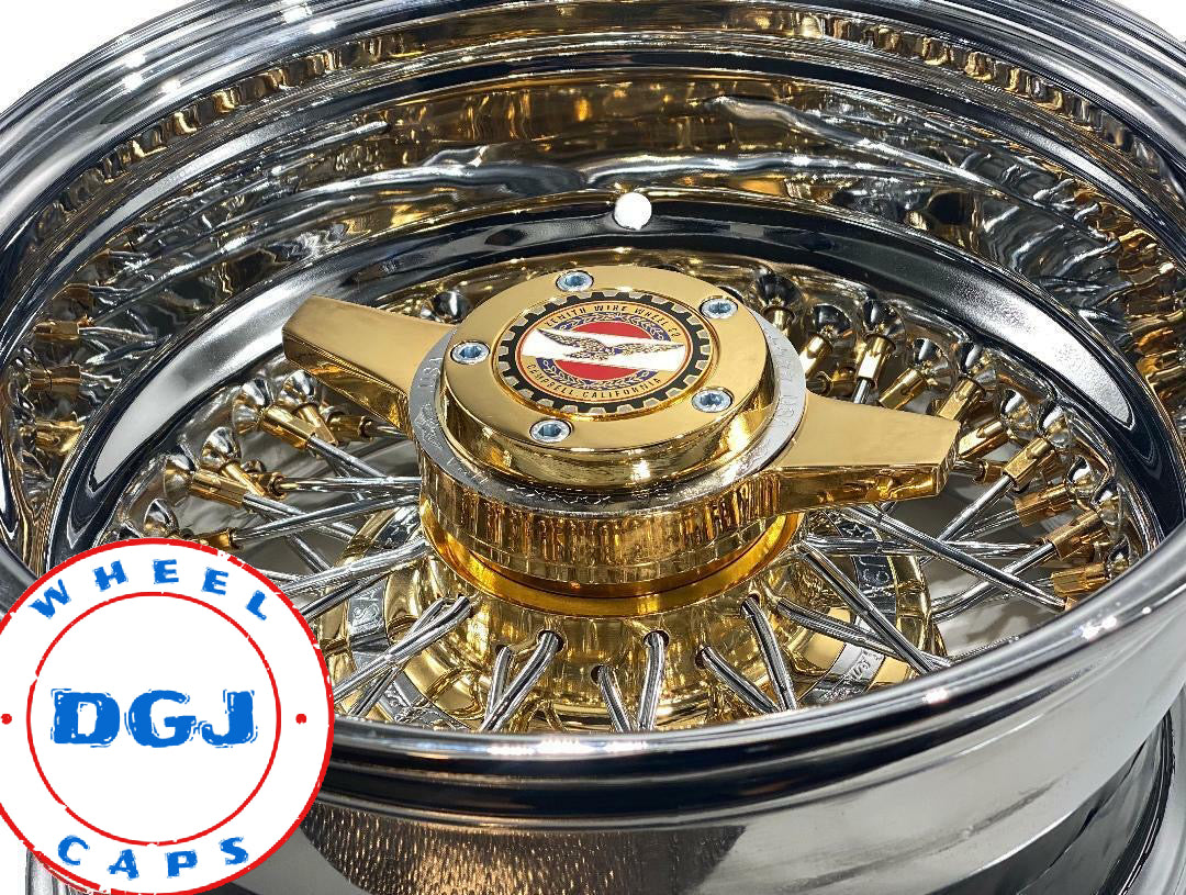 13x7 Zenith Style Lowrider Wire Wheels with Chrome Ring, Gold Nipples and Hub