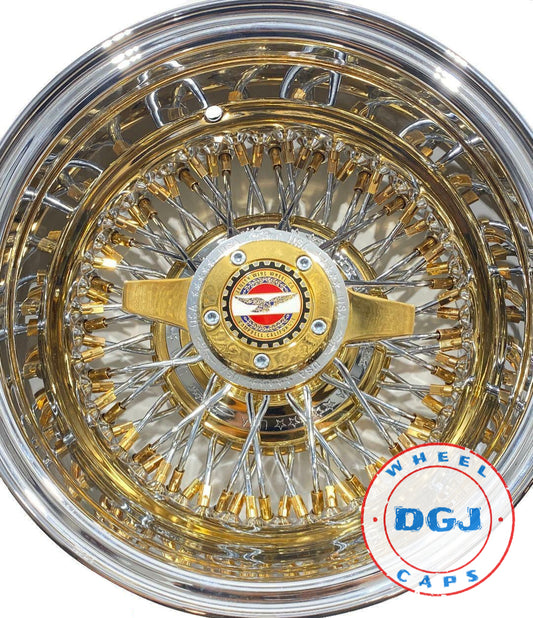 13x7 Zenith Style Lowrider Wire Wheels with Chrome Ring, Gold Nipples and Hub