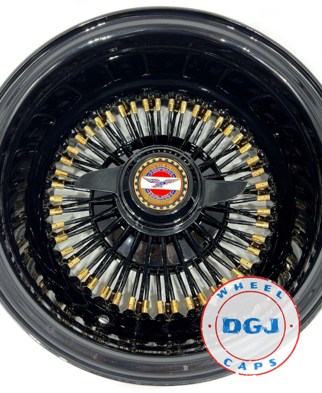 13x7 Rev 72 STR Black with Gold Nipples + 2 Bar Cut Lowrider Wire Wheel Rims Lowrider Wire Wheels DGJ Wheel Caps