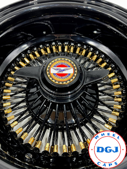 13x7 Rev 72 STR Black with Gold Nipples + 2 Bar Cut Lowrider Wire Wheel Rims Lowrider Wire Wheels DGJ Wheel Caps